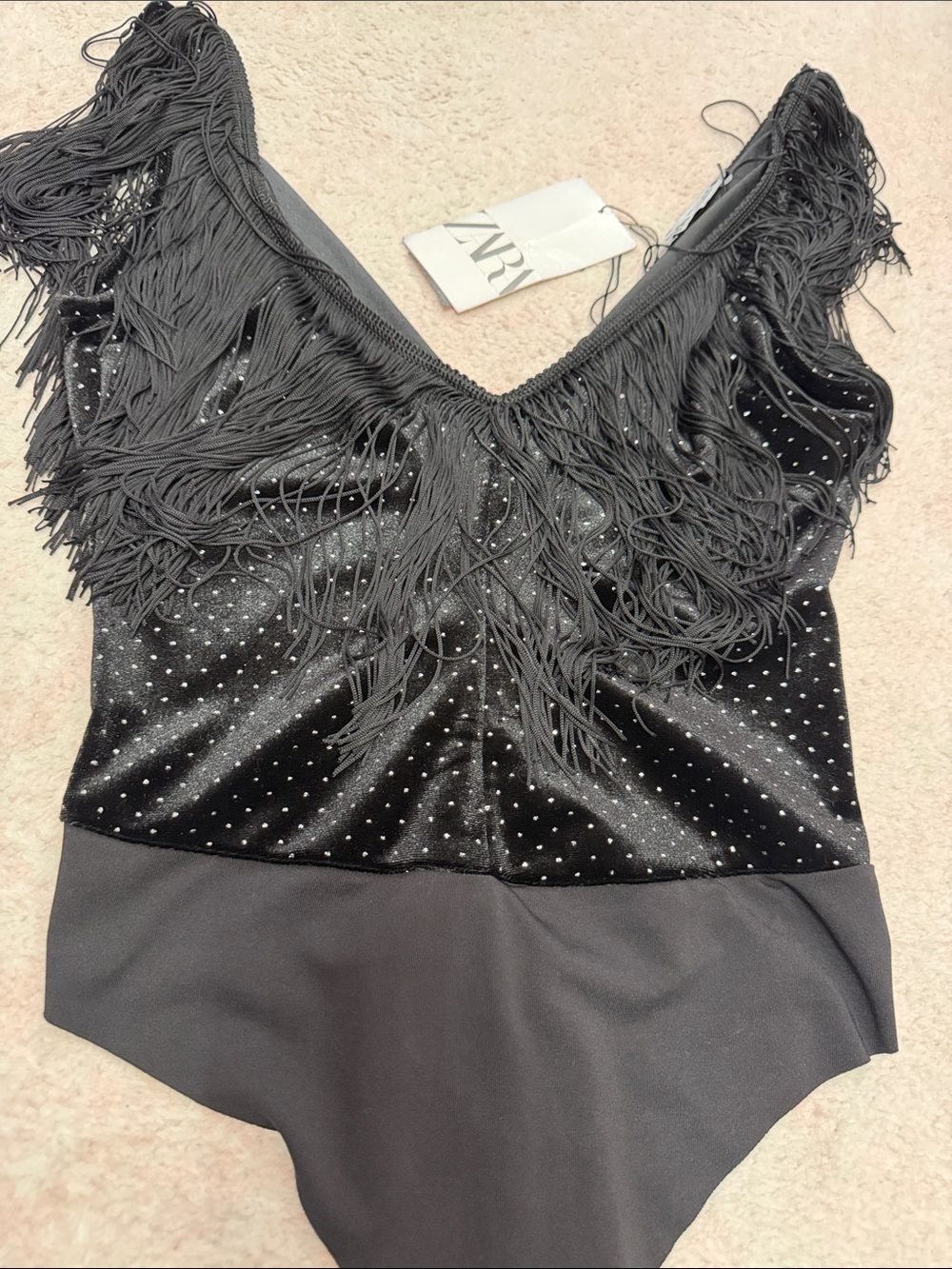 Zara Black Velvet Fringe Bodysuit with Rhinestones
